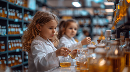 Aufkleber - Two young girls, dressed in white lab coats, conduct a science experiment with beakers and a dropper, surrounded by glass bottles filled with liquids.