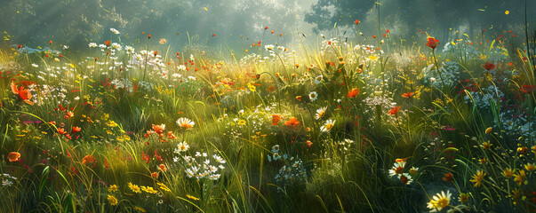 Wall Mural - A tranquil meadow blanketed in wildflowers, with a gentle breeze rustling the grass and flowers.