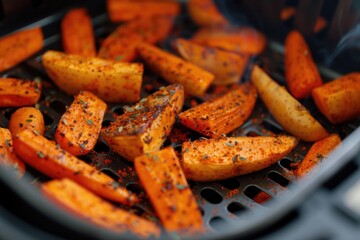 Canvas Print - Close up shot of a bunch of carrots being cooked in an air fryer, with a crispy texture and vibrant orange color