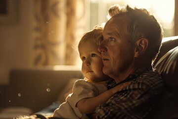 Poster - A man sitting with a young child, providing comfort and care