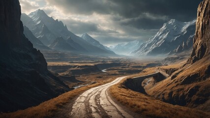 Wall Mural - Game art road leading to dark mountains