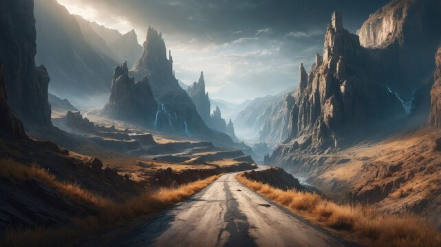 Game art road leading to dark mountains