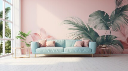 Poster - minimalist living room with clean lines and pastel-colored tropical leaf wallpaper, exuding a sense of tranquility and balance.