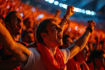 Wall Mural - Excited sports fan cheering with crowd at stadium event