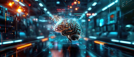 Futuristic depiction of artificial intelligence with a digital brain in a high-tech environment, symbolizing advanced technology and innovation.