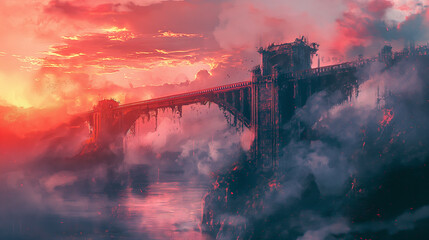 Wall Mural - A majestic, ancient stone bridge connects two towering, misty mountains at sunset.  The sky is awash in fiery red and orange hues.