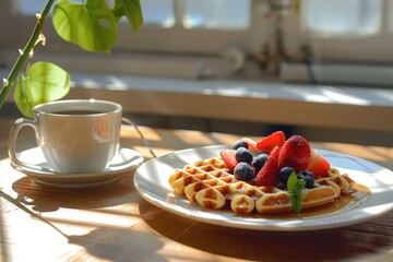 Wall Mural - A plate of waffles topped with fresh strawberries and blueberries, perfect for breakfast or brunch