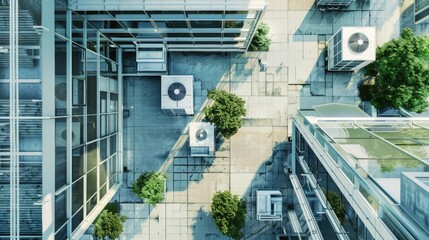 Poster - Aerial view of a parking lot surrounded by a building, suitable for use in urban planning, real estate, or transportation-themed projects