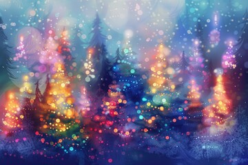 Wall Mural - Magical Christmas Forest with Colorful Neon Light Garland Glowing. Abstract Christmas Trees in Fog with Bright Bokeh Light Effects, New Year Greeting Card, Digital Art Illustration Banner