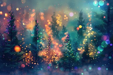 Magical Christmas Forest with Colorful Neon Light Garland Glowing. Abstract Christmas Trees in Fog with Bright Bokeh Light Effects, New Year Greeting Card, Digital Art Illustration Banner