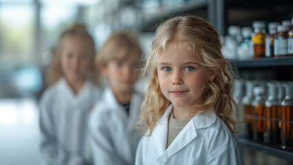 Aufkleber - A young girl in a white lab coat stands in a laboratory setting. She is looking directly at the camera with a confident expression.