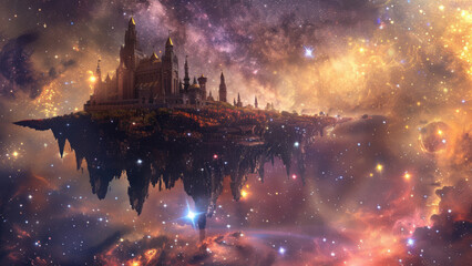 a magnificent floating castle suspended in a surreal, star-filled sky, surrounded by clouds and cosm