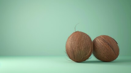 Wall Mural - Two brown coconuts placed on green background