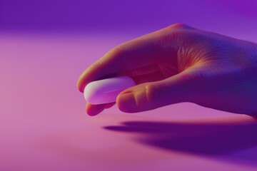 Wall Mural - A person's hand holding a white pill on a pink surface, possibly a medical or pharmaceutical context