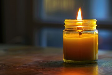 Canvas Print - A single candle sits on a wooden table, providing soft lighting