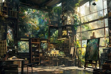 Poster - A modern, sunlit artist studio filled with digital art tools, including interactive design elements and smart brushes. Generative AI
