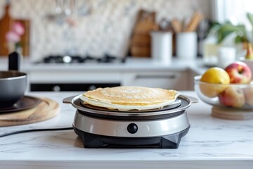 Wall Mural - A pancake sits on top of a pan on a kitchen counter, ready to be served