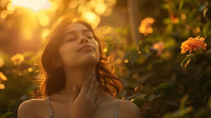 A serene woman with curly hair enjoying the golden sunlight in a lush garden, reflecting tranquility and nature's beauty during sunset.