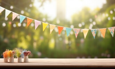 Wall Mural - Empty Wooden Tabletop With Festive Flags and a Blurred Garden Background