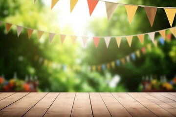 Wall Mural - Empty Wooden Tabletop With Festive Flags and a Blurred Garden Background
