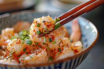 Poster - A close-up shot of a bowl of food with chopsticks, ideal for use in articles about Asian cuisine or lifestyle