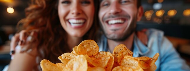  A man and a woman smile while holding a plate of potato chips before them at the table in a restaurant