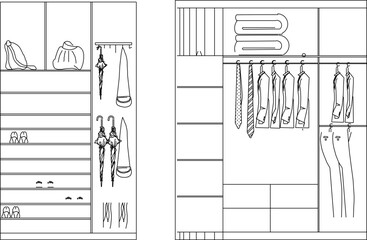 Wall Mural - Vector silhouette illustration sketch of a detailed wardrobe design for a bedroom interior