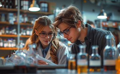 Aufkleber - Two students, a young woman and a young man, are working together in a chemistry lab. They are looking at a piece of paper and appear to be discussing their experiment.