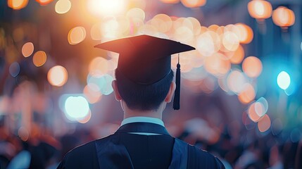 Back View of Male Graduate in Cap and Gown at Graduation Ceremony, Standing Among Fellow Students with Bokeh Lights Background. Copy Space for Text