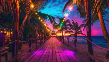 A colorful walkway with palm trees and a beach in the background. Generate AI image
