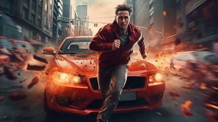 Action shot with man running away from explosion and cars. Dynamic scene in action movie blockbuster style.