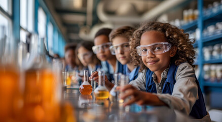 Aufkleber - Young students wear safety goggles and conduct a science experiment in a classroom setting, focusing on beakers and chemical reactions.