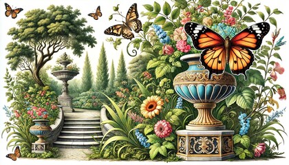 Wall Mural - A detailed illustration of a classical garden with Monarch Butterflies on a pedestal