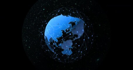 Leinwandbilder - Globe, network and connection with hologram, dark studio background or programming with software. Empty, earth or planet with data protection, cyber security or internet with futuristic communication