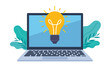 © Robert Wicher - Graphics of a laptop with a light bulb on the screen. There are leaves in the background behind the laptop. Flat style graphics.