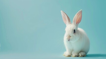 Wall Mural - Easter bunny in a close up sitting on light blue background with space for text Religious spring holiday concept