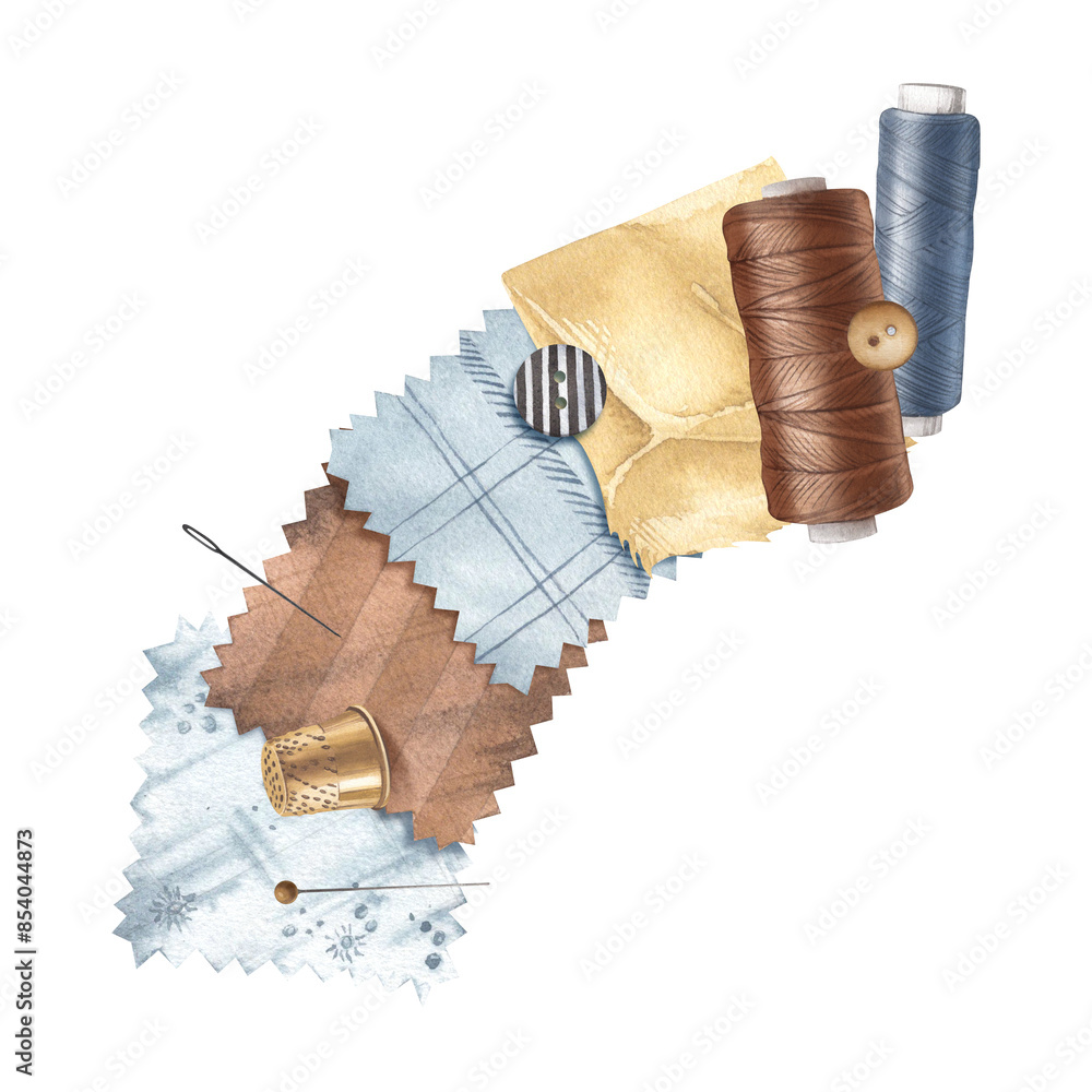 Patchwork set. A palette of colorful fabrics, buttons, pins and sewing ...