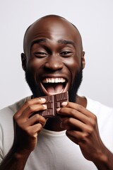 A delighted black man is cheerfully enjoying a chocolate bar, displaying a joyful expression. African-American man is smiling