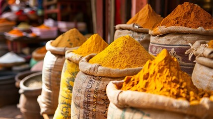 A traditional Indian spice bazaar, with sacks of turmeric powder and other spices on display.