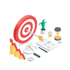 isometric vector target with an arrow in the center and a chart of coins with an arrow as well as a magnifying glass and an hourglass, in color on a whit background, business success and achieving 