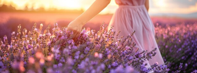 Wall Mural -  A woman in a pink dress stands amidst a lavender field, as the sun shines through scattered clouds behind
