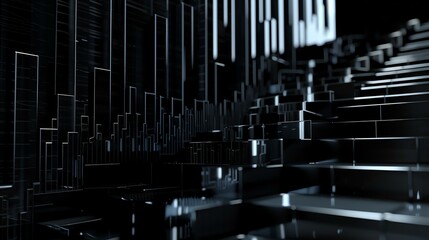 3D rendering of a dark futuristic city. The image is full of sharp lines and angles, and the dark colors give it a feeling of mystery and intrigue.