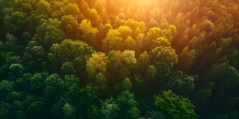 Wall Mural - View of sunset over diverse forest canopy with colorful trees in sight. Concept Nature, Sunset, Forest Canopy, Diverse Trees, Colorful Landscape