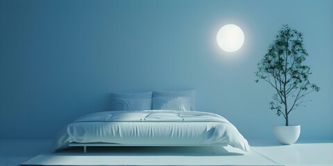 Wall Mural - Enhance minimalist bedroom with full moonlight for serene refined atmosphere. Concept Minimalistic design, Full moonlight, Serene atmosphere, Refined ambiance