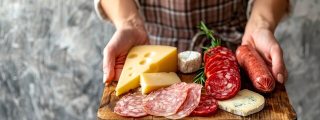 Wall Mural -  Person holds a wooden cutting board, displaying various meats and cheeses