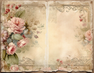 Sticker - Vintage background with flowers. Shabby chic paper for junk journal. Scrapbooking floral paper. Generative AI.