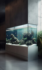 Wall Mural - Close-up photo of a Professional 3D generated clean designed luxury aquarium with live fishes.