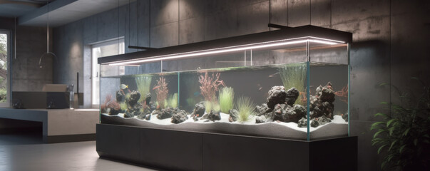 Wall Mural - Close-up photo of a Professional 3D generated clean designed luxury aquarium with live fishes.