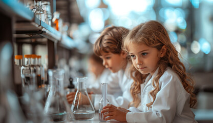 Aufkleber - Two children in white lab coats conduct an experiment in a science lab, surrounded by beakers and other equipment.
