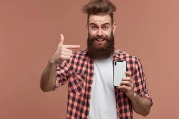 Wall Mural - Man showing smartphone, hand pointing banner, clever thought, quote pointing finger on light brown